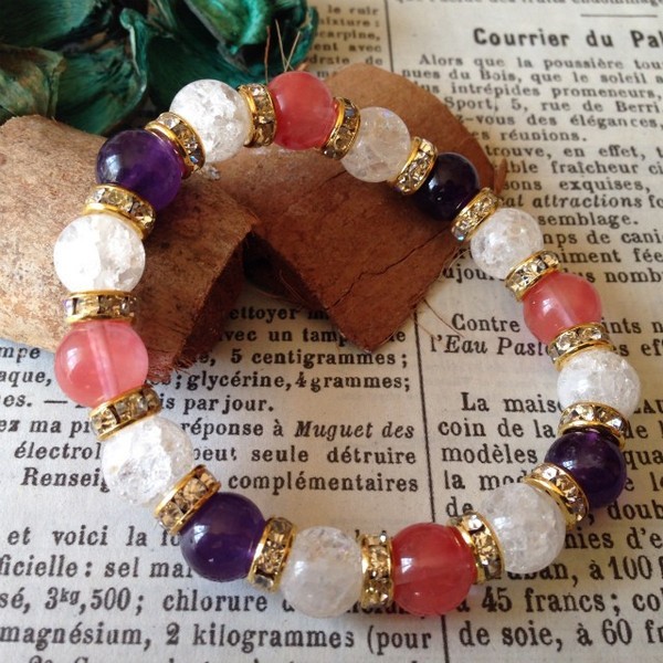 チェリークォーツ アメジスト クラック水晶 ブレスレット (ロンデル：ゴールド）10mm　メンズ・レディース