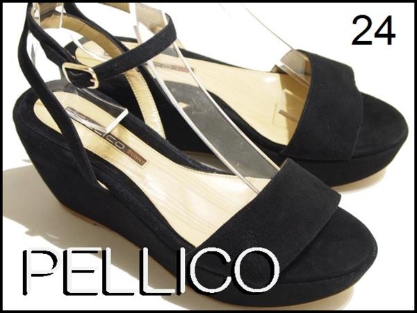 P8221R51▼新品同様 PELLICO SUNNY(ペリーコサニー) スエード アンクルストラップ ウェッジサンダル 黒 38/24cm▼rb