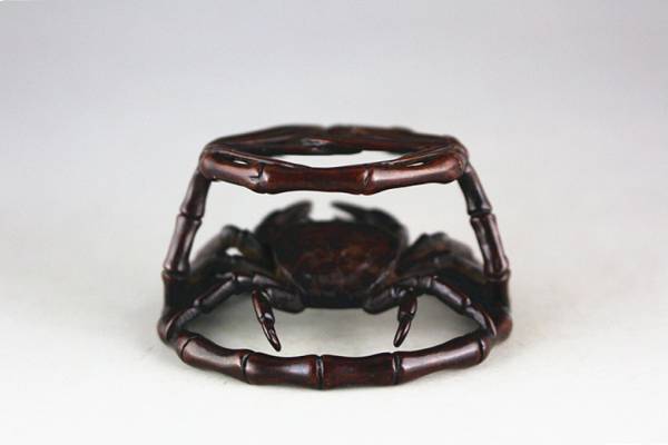 極美古銅煎茶道具 質感 竹かご蟹鉄瓶盖置QYT008080