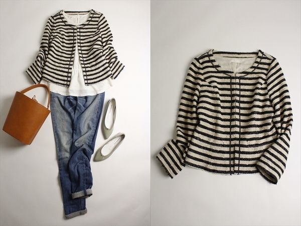 エニィスィスany SiS 春上品ノーカラーツイードコットン混ジャケット