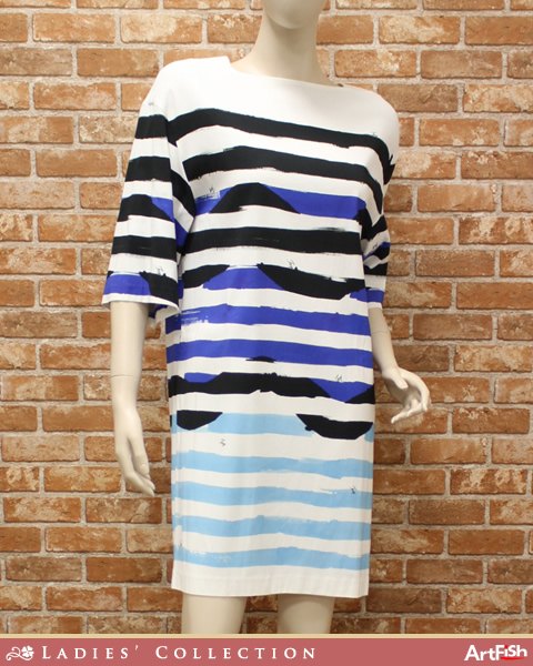 1円Fay◇定価12.9万 ホワイト×ブルー系 イタリア製 ボーダー柄プリント 6分袖ワンピース z725*S新品