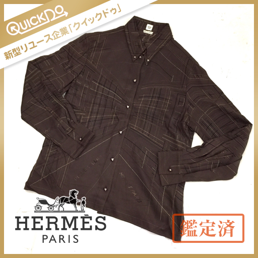 エルメス HERMES シャツ レディース 茶系 総柄 シルク100％ 40 参考 