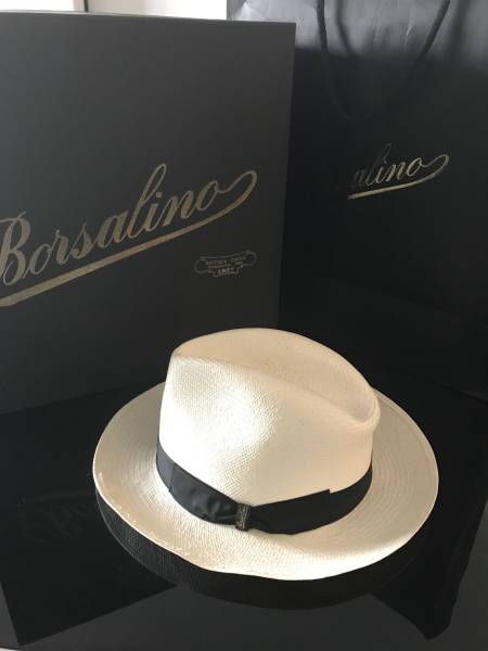ボルサリーノ　Borsalino　パナマハット　リボン黒　中折れハット　帽子　ボルサリーノジャパンタグ、純正箱付き　６１　極美品