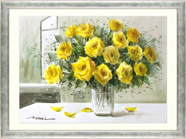 ◎堀哲夫『黄色い薔薇』水彩画☆静物画・風水【新品】 堀哲夫『ミモザ