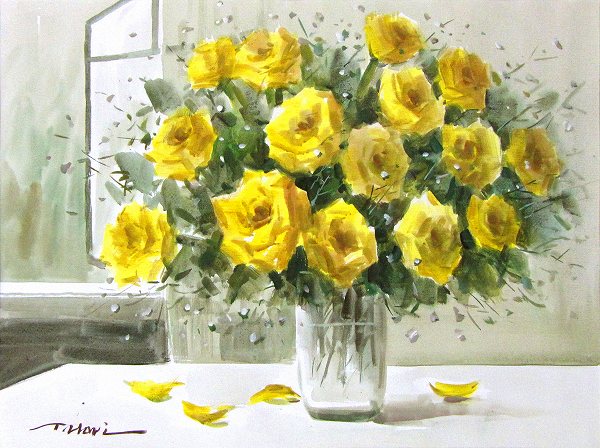 ◎堀哲夫『黄色い薔薇』水彩画☆静物画・風水【新品】 堀哲夫『ミモザ