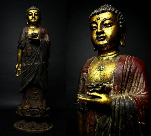 レア珍品！時代 古鉄 抱三重塔 阿弥陀如来 鉄製大仏20cm三重塔 浄瑠璃 
