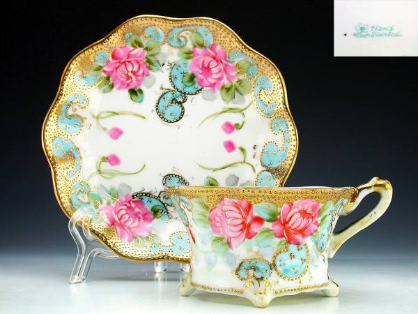 オールドニッポン・アールヌーボー様式金盛上土耳古蒼薔薇図紋 キャビネットカップ