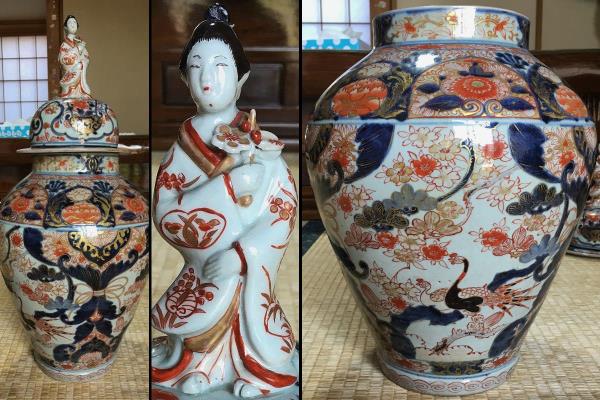 江戸元禄期 古伊万里/金彩色絵花鳥図元禄美人摘蓋沈香壷/沈香壺 献上手