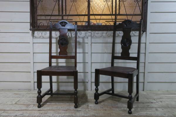 豪華♪素敵な装飾♪イギリス 英国 アンティーク オーク材 チェア2脚set③☆西洋 イス 洋館 椅子 ダイニング チェア 什器