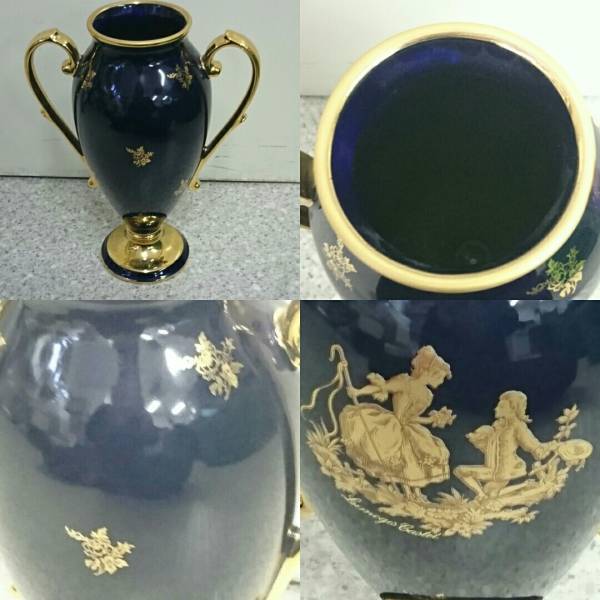 LIMOGES CASTEL 花瓶 貴族 金彩 瑠璃色 陶器 リモージュキャッスル