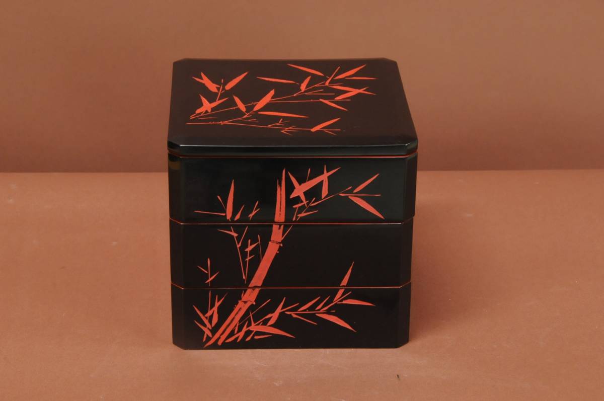 輪島塗　小ぶり赤竹重箱　清光堂造
