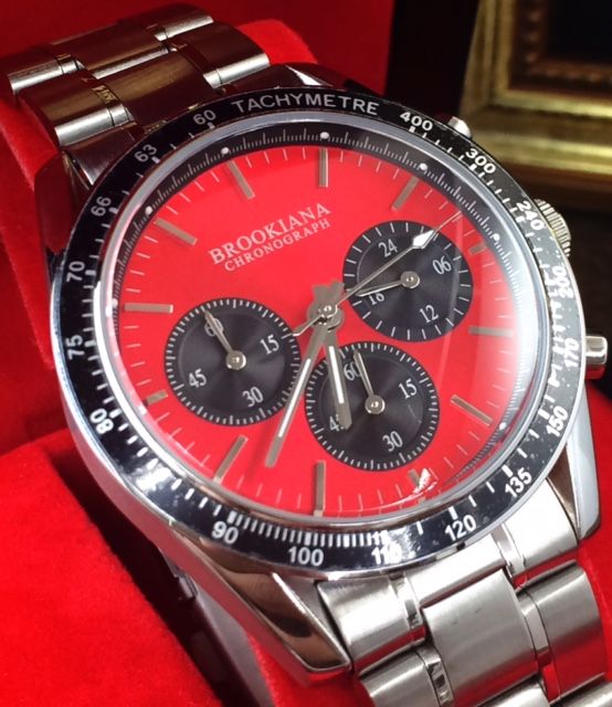 1円 1スタ 正規品 ブルッキアーナ BROOKIANA クロノグラフ 腕時計 レッド×シルバーメタル メンズ 腕時計 日本製クォーツ