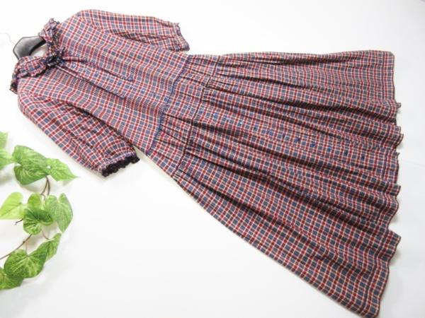 【美品】ピンクハウス（株）メルローズ　★フード付き　チェック柄　ロングスカート可愛い前開きワンピース　紺・えんじ　b542