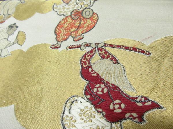 ★着物10★ 1円 絹 人物 舞台芸人 雲 袋帯 長さ408cm ☆☆