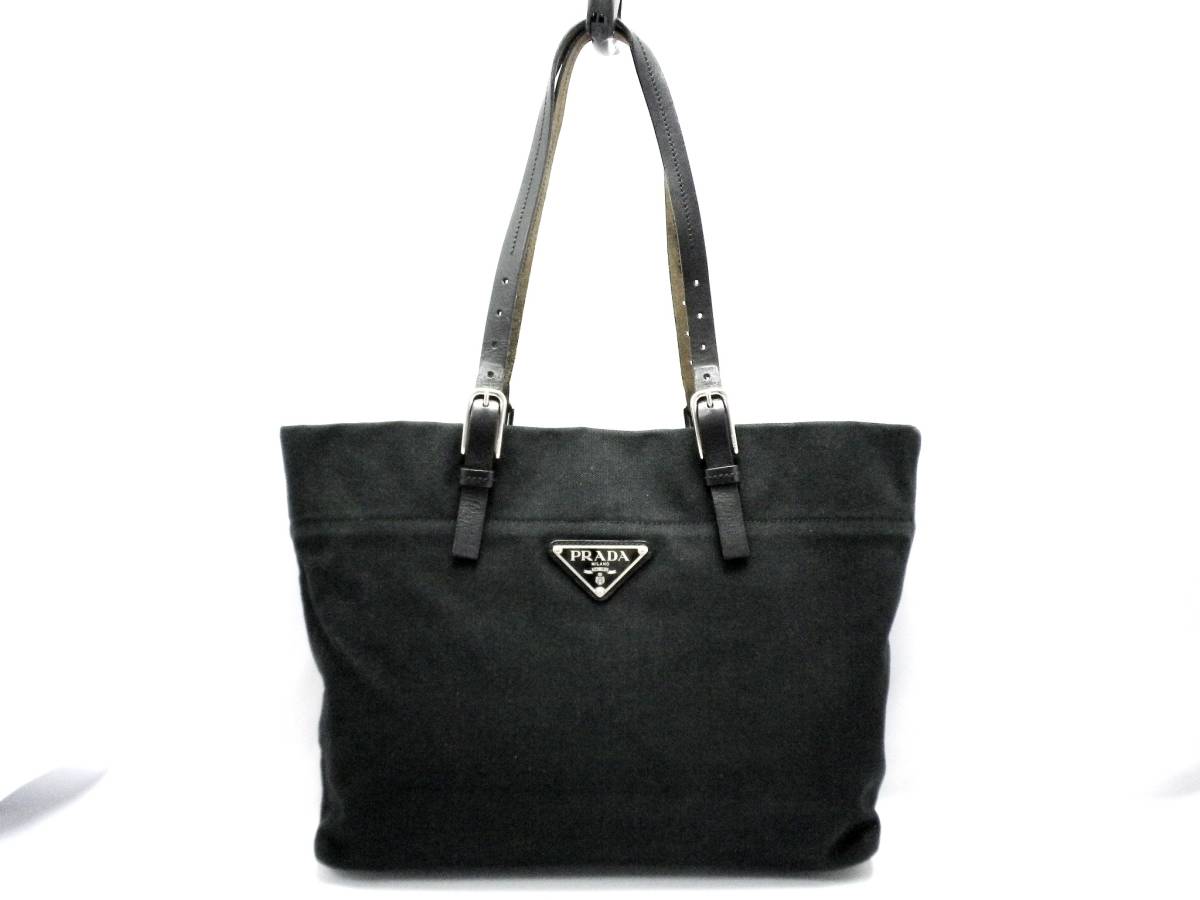 B1964)PRADA プラダ レザー × キャンバス トート バッグ ブラック 