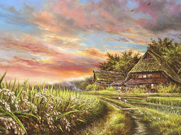 原風景巨匠 大友一美 真作保証 油絵F8号 里の秋 稲穂の畦道 夕焼け空