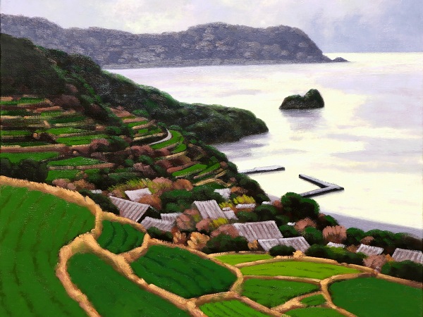 大森祥吾 輝く海 西伊豆 伊浜 棚田 油絵10号 日本の原風景 春 田園 伊豆半島 沼津 観光地 駿河湾 相模灘 田んぼ 海 山 海岸 港 島 田舎風景 自然 風景画 売買されたオークション情報 Yahooの商品情報をアーカイブ公開 オークファン Aucfan Com