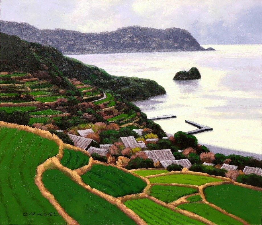 大森祥吾 輝く海 西伊豆 伊浜 棚田 油絵10号 日本の原風景 春 田園