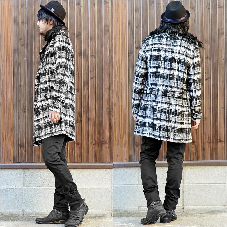 Bernings-sho】 ファー付 チェックツイード素材トレンチコート メンズ 