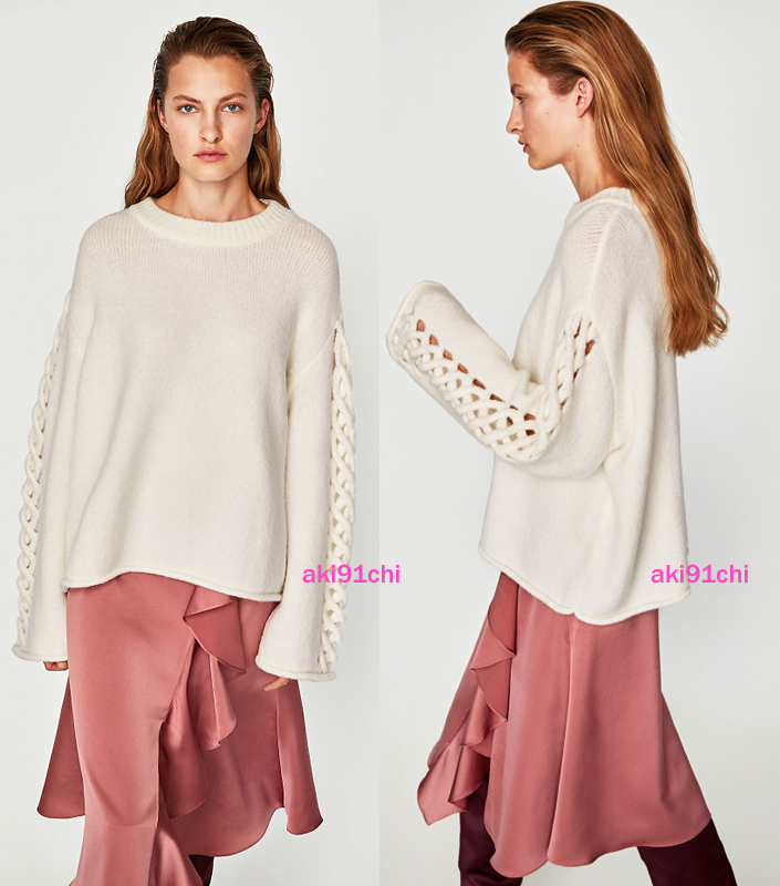 今季新作★ZARA ザラ 袖編み込み ディテール付きニット ざっくりセーターエクリュ 2017AW インスタ人気即完売 Mサイズ