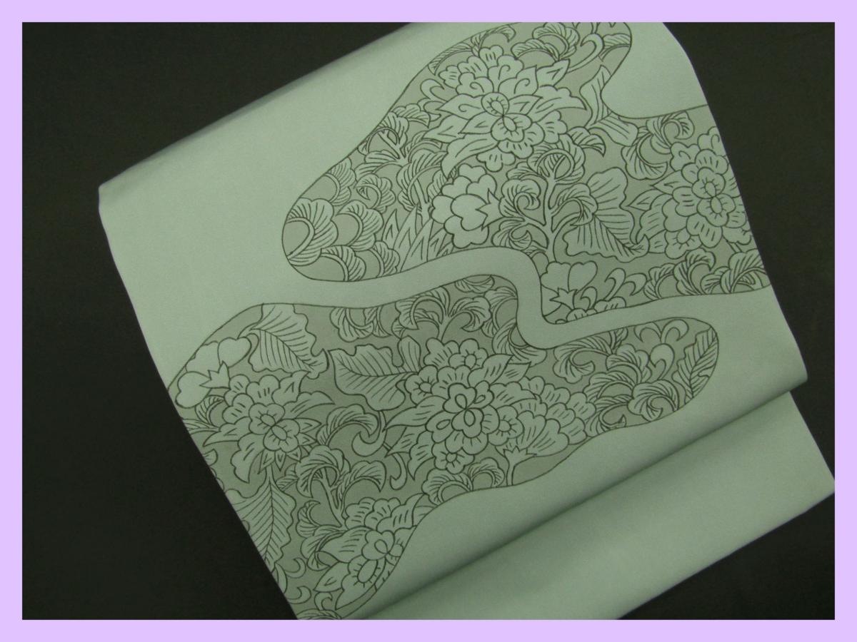 ◆衣紋屋◆9826 塩瀬地 名古屋帯 雲取りに更紗文様 正絹*****