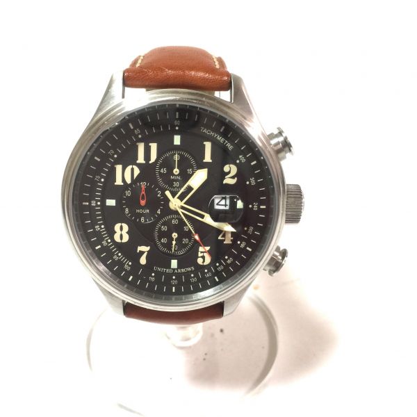 UNITED ARROWS ユナイテッド・アローズ ブラウン レザーベルト メンズ クロノグラフ 腕時計 ☆ fah 1139