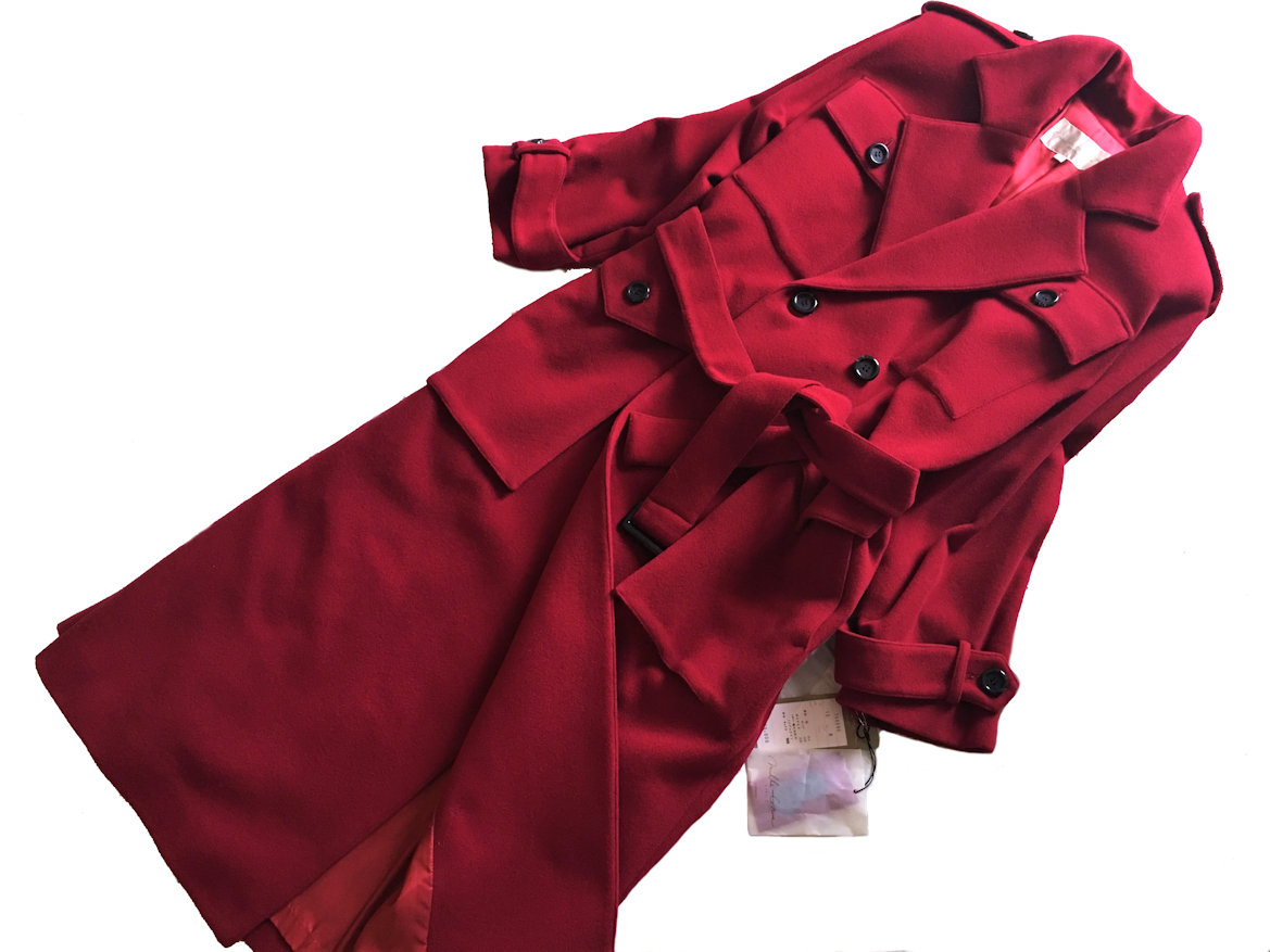 新品タグ付き 定価7.9万 Mille Grue ミルグレイ ウールカシミヤ ロング トレンチコート イタリア製生地使用 赤 レッド サイズ9 大き目
