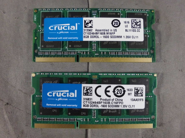 『8GB×2枚』 『PC3L-12800』 『ノート用』　Micronチップ