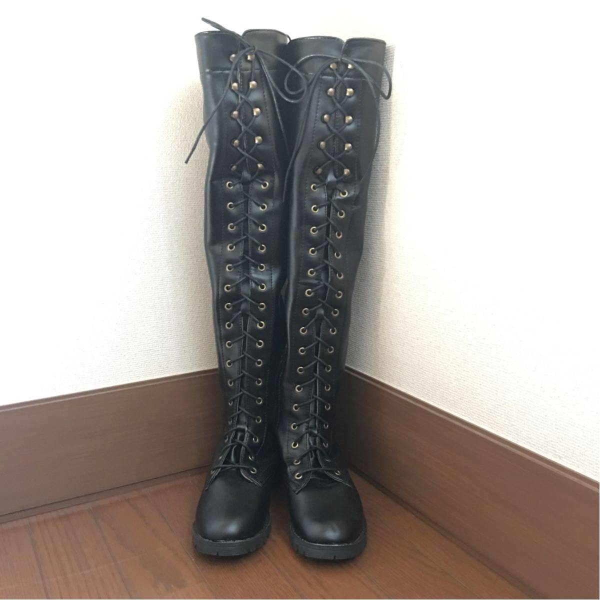 編み上げニーハイブーツ ローヒール サイハイブーツ 大きいサイズ 24 5cm ニーハイブーツ 売買されたオークション情報 Yahooの商品情報をアーカイブ公開 オークファン Aucfan Com