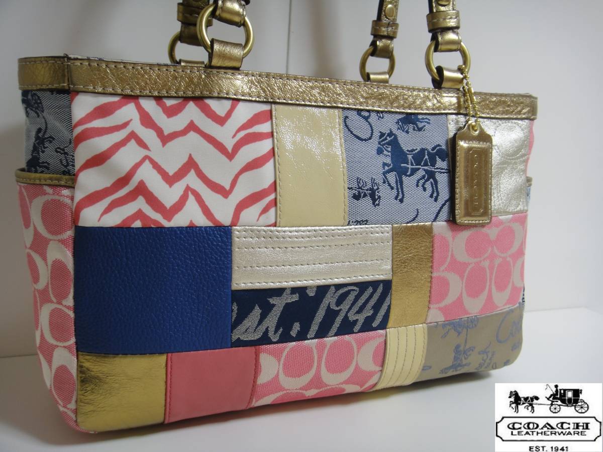 1円☆超美品☆COACHコーチシグネチャーキャンバスパッチワークトートバッグ☆