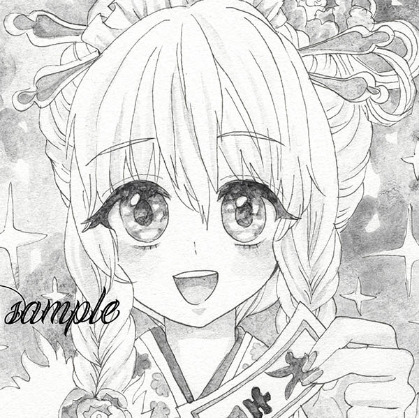 同人 手描きイラスト 東方project　モノクロ　咲夜　お正月