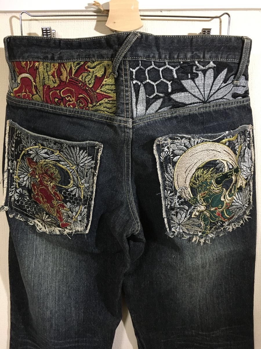 GUMU 風神雷神 刺繍 和柄 デニム ジーンズ ブラック サイズL 風神雷神 