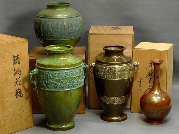 高岡銅器 鋳銅 瑞峰作 饕餮文 方尊 花瓶 飾壺 青銅器 倣古 金属 -