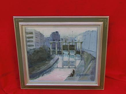 油絵 絵画 額縁 額 木製フレーム 油彩画 油彩 肉筆画 真筆保証 風景画 水門 都会の水門 釣り人 木澤房子 ｆ１０ １０号 自然 風景画 売買されたオークション情報 Yahooの商品情報をアーカイブ公開 オークファン Aucfan Com