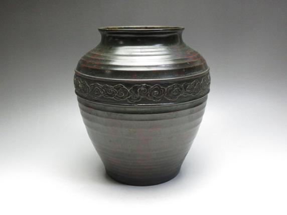 集】022414銅製 花瓶 壺 斑紫銅 霊芝文彫刻 芳園在銘 | -
