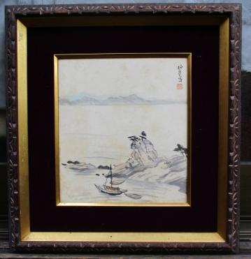石井柏亭「和歌山・和歌の浦」色紙水彩画　師；浅井忠　文展・日展常務理事　芸術院会員　日本水彩画会創立　二科会・一水会創立会員 　