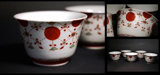 侍】江戸時代 古伊万里 赤玉瓔珞文様 向付 蕎麦猪口 五客