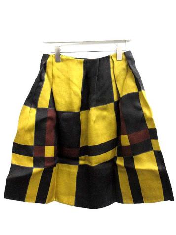 マルニ MARNI スカート ひざ丈 フレア 総柄 シルク 黄色 黒 ブラウン