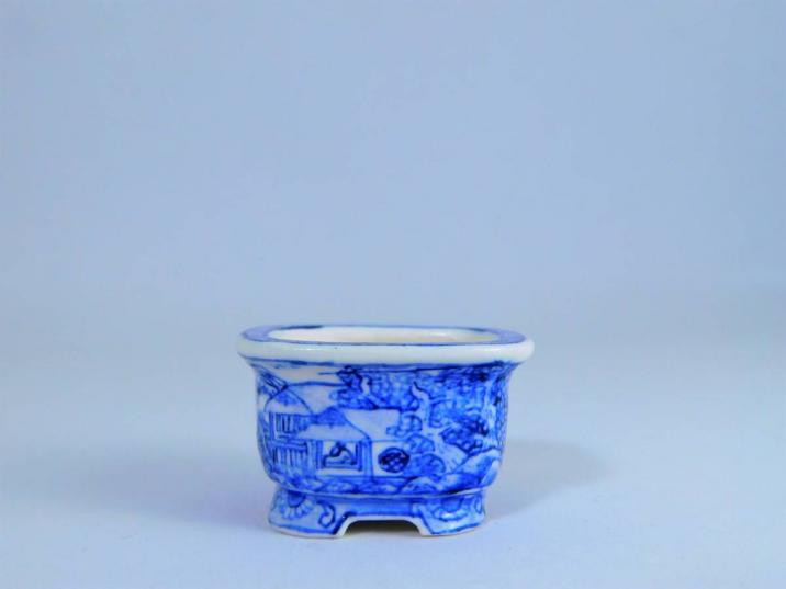 上州勝山 染付山水舟図外縁長方鉢 size 3.6x3.2x2.2cm 未使用品 共布
