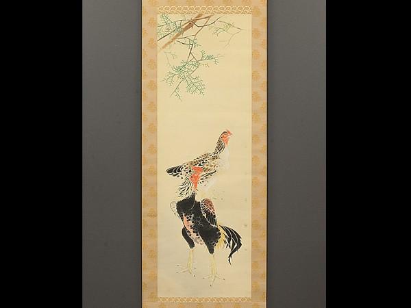 古い掛軸 花〇在銘 花鳥画 紙本 肉筆 落款□日本画 東洋美術 中国掛軸