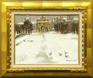 GLC】桜田精一 「雪の日 ルーブルの庭」 油彩6号 日展参与 勲四等
