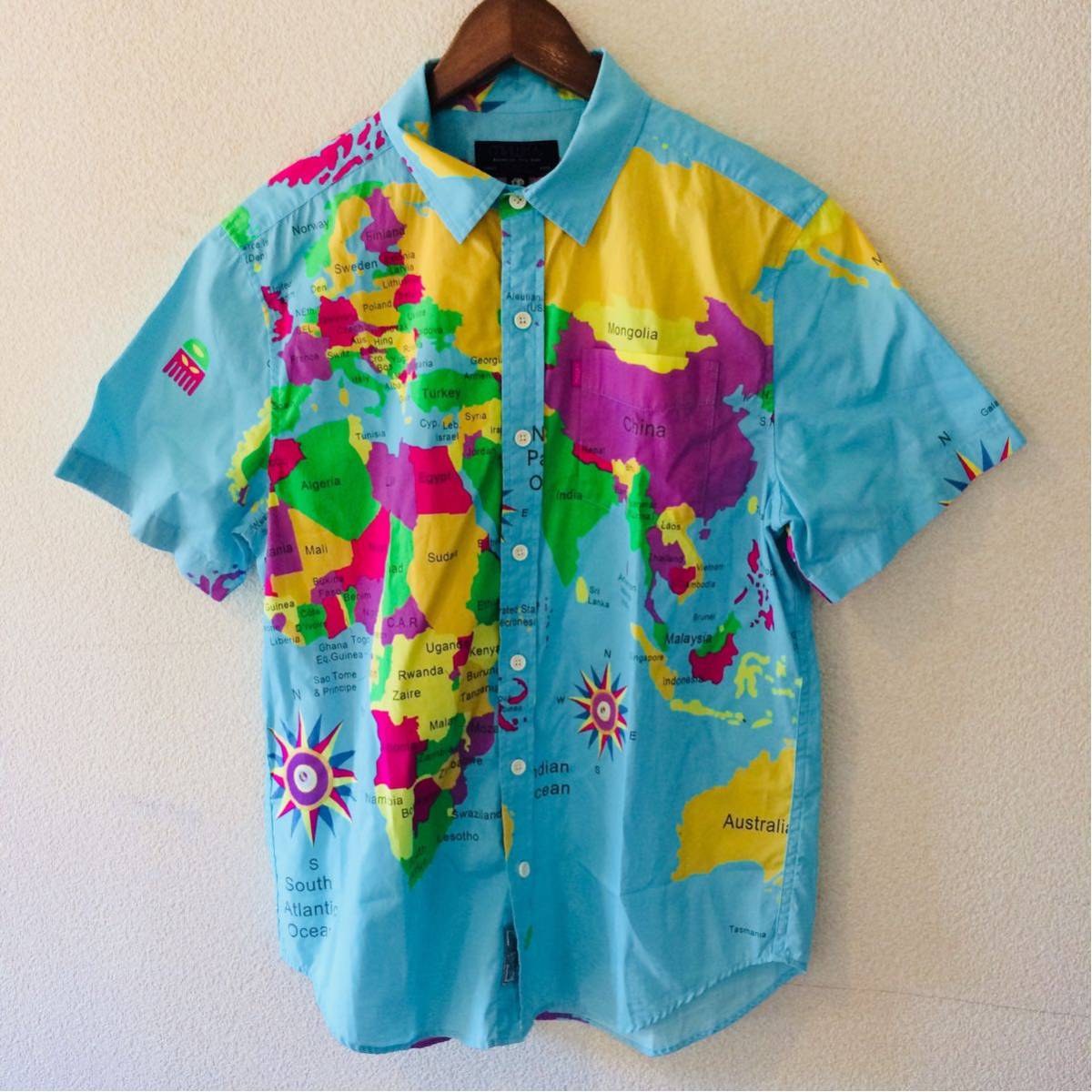 ミシカ MNWKA 総柄シャツ 地図柄 マップ柄 原宿系 アメカジ サックスブルー