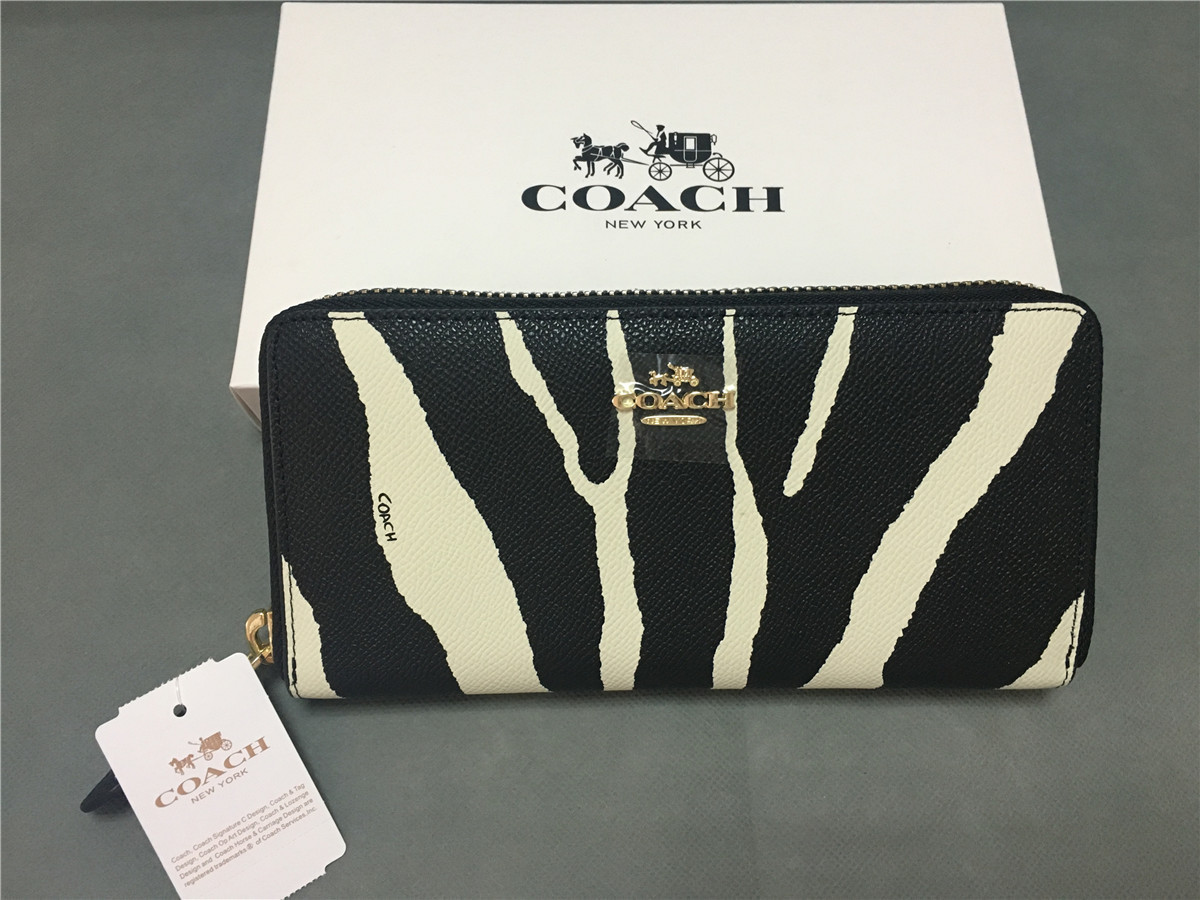 COACH 長財布 ブラック×ホワイト ゼブラ エンボスド テクスチャード 