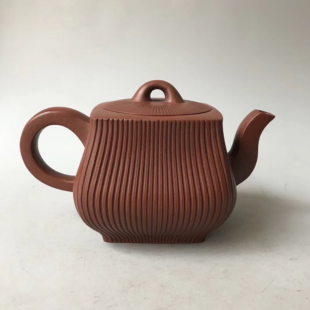 大珍品 宜興紅泥手彫 茶壷 急須 煎茶道具 108筋紋壷 貴重 稀少唐物 在 