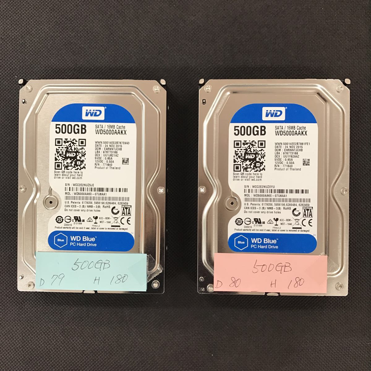 中古HDD SATA WD5000AAKX-07U6AA1 3.5インチ 500GBx2台 計1TB 使用時間