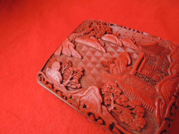 全国無料，本物保証 中国美術/堆朱/雕漆/山水文彫/小箱/蓋物/小物入れ/