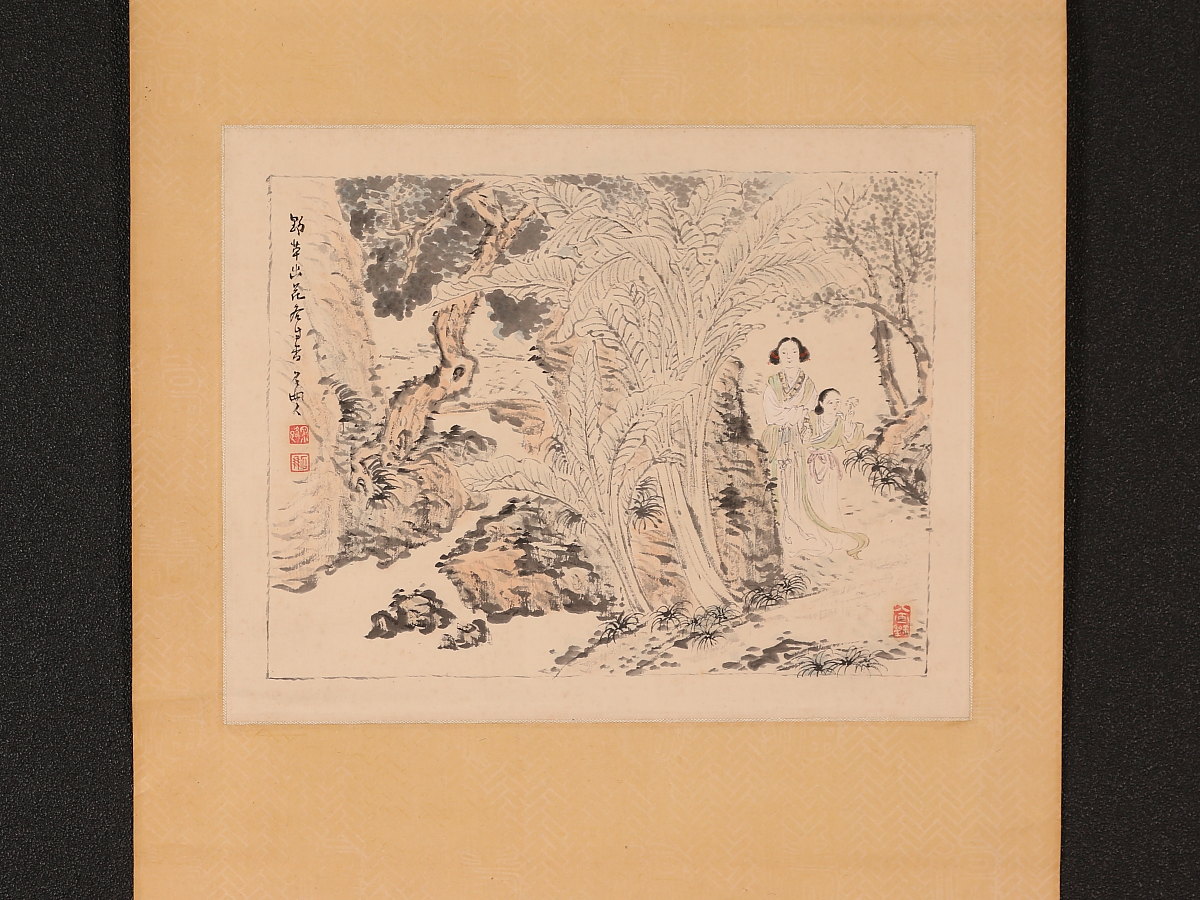 中国掛軸美人画「湘江二妃図」竹絲画簾 検)唐美人 肉筆 中国 美人画