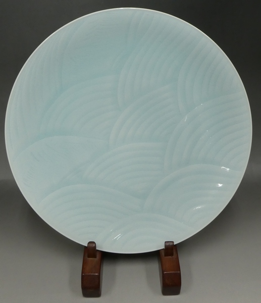 幸 ☆焼物☆ 快山窯 『青白磁涛文舟皿』 共箱 【人間