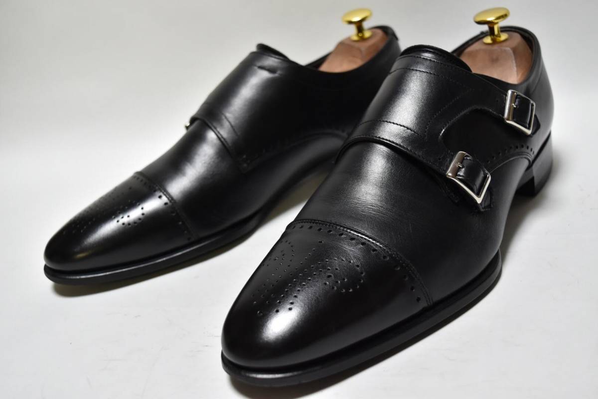 即決 REGAL リーガル メンズ 25.5cm ダブルモンクストラップ レザービジネスシューズ 本革 本皮 黒 ブラック SCOTCH GRAIN好きも 中古美品