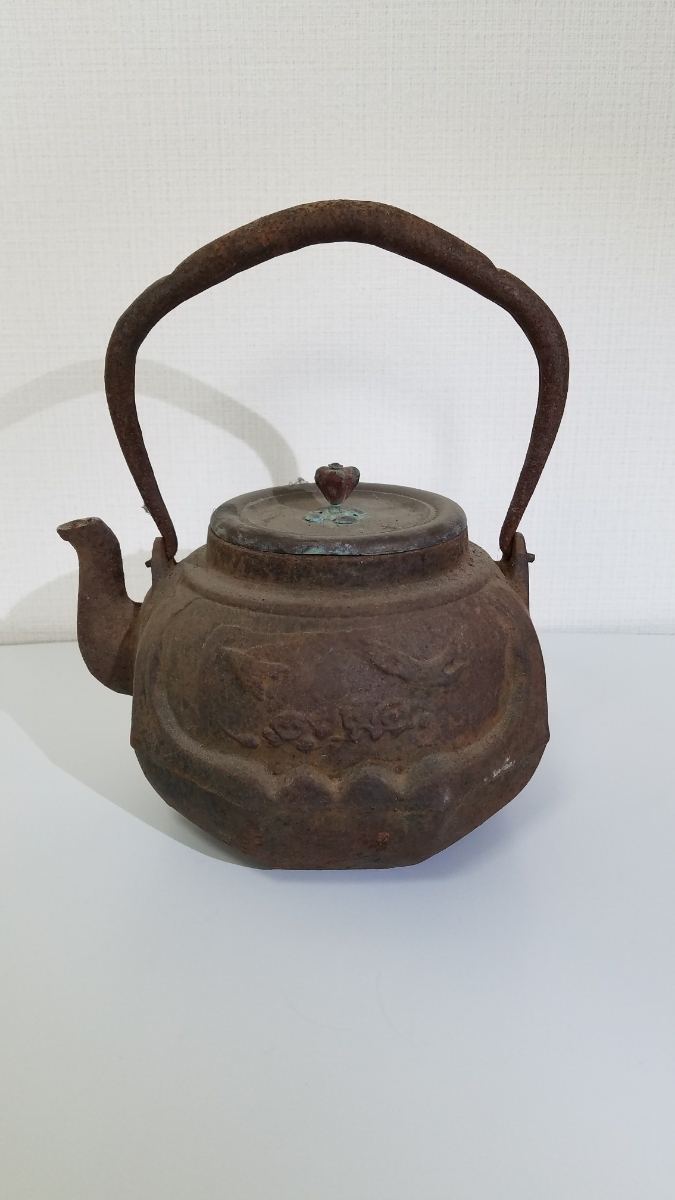 鉄瓶 銅蓋 金清堂製 ☆時代煎茶道具 龍文堂造蓋 ◇鉄瓶・岩肌